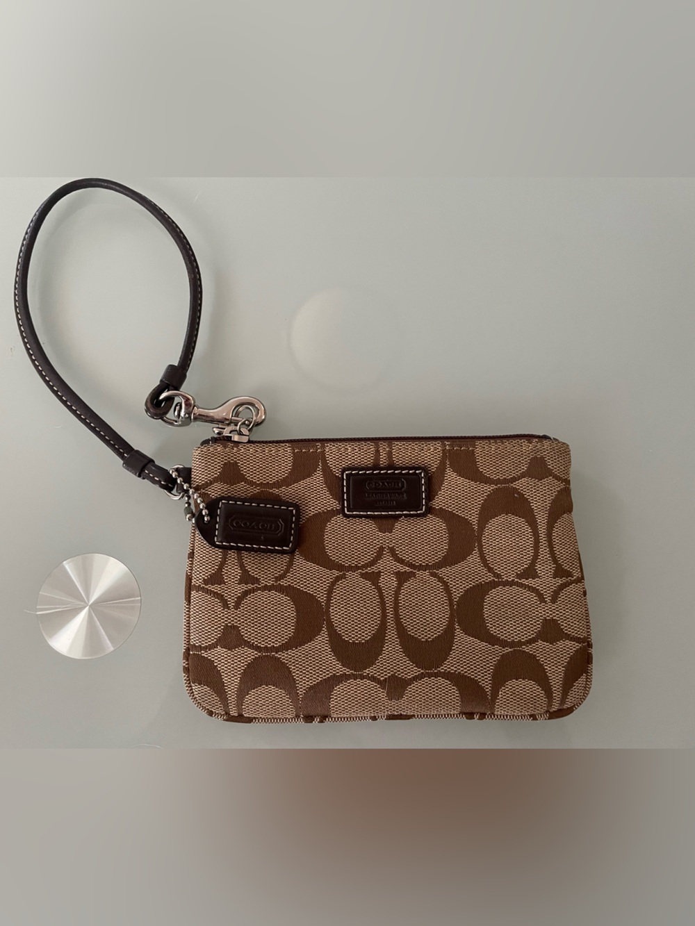 Coach Tan & Brown Signature Canvas Wristlet Phone Case